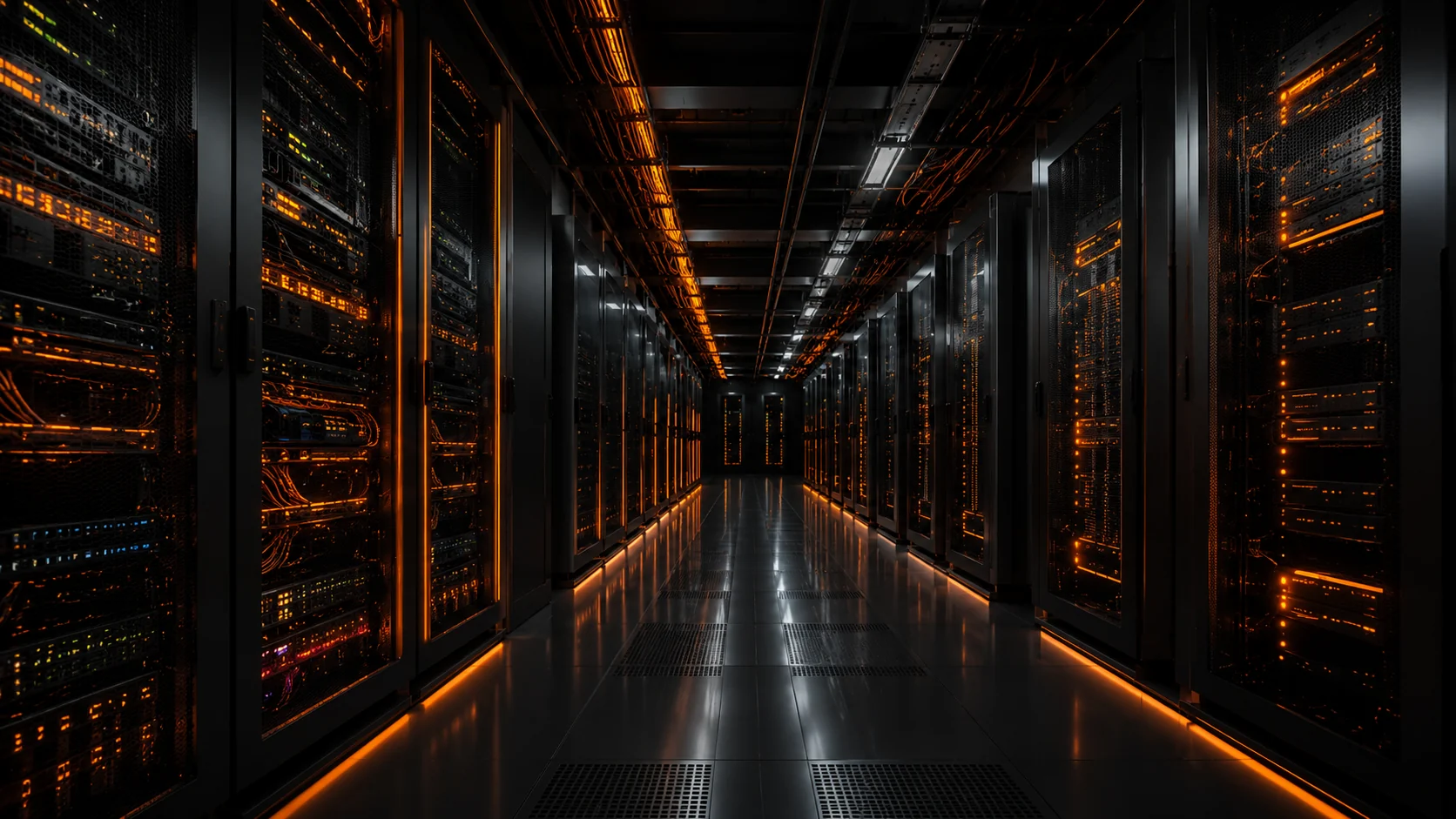 Dark data center rack corridor with orange infrastructure lighting
