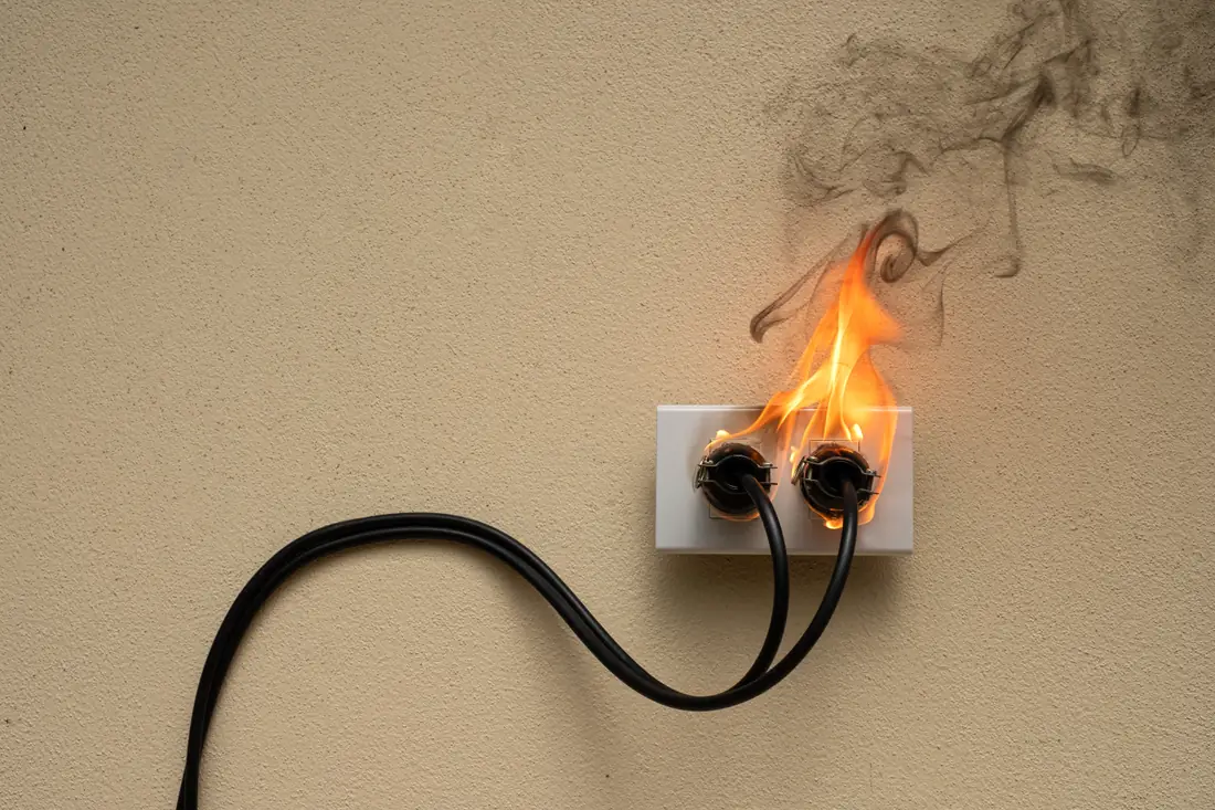 Electrical wall outlet catching fire, illustrating an electrical safety hazard